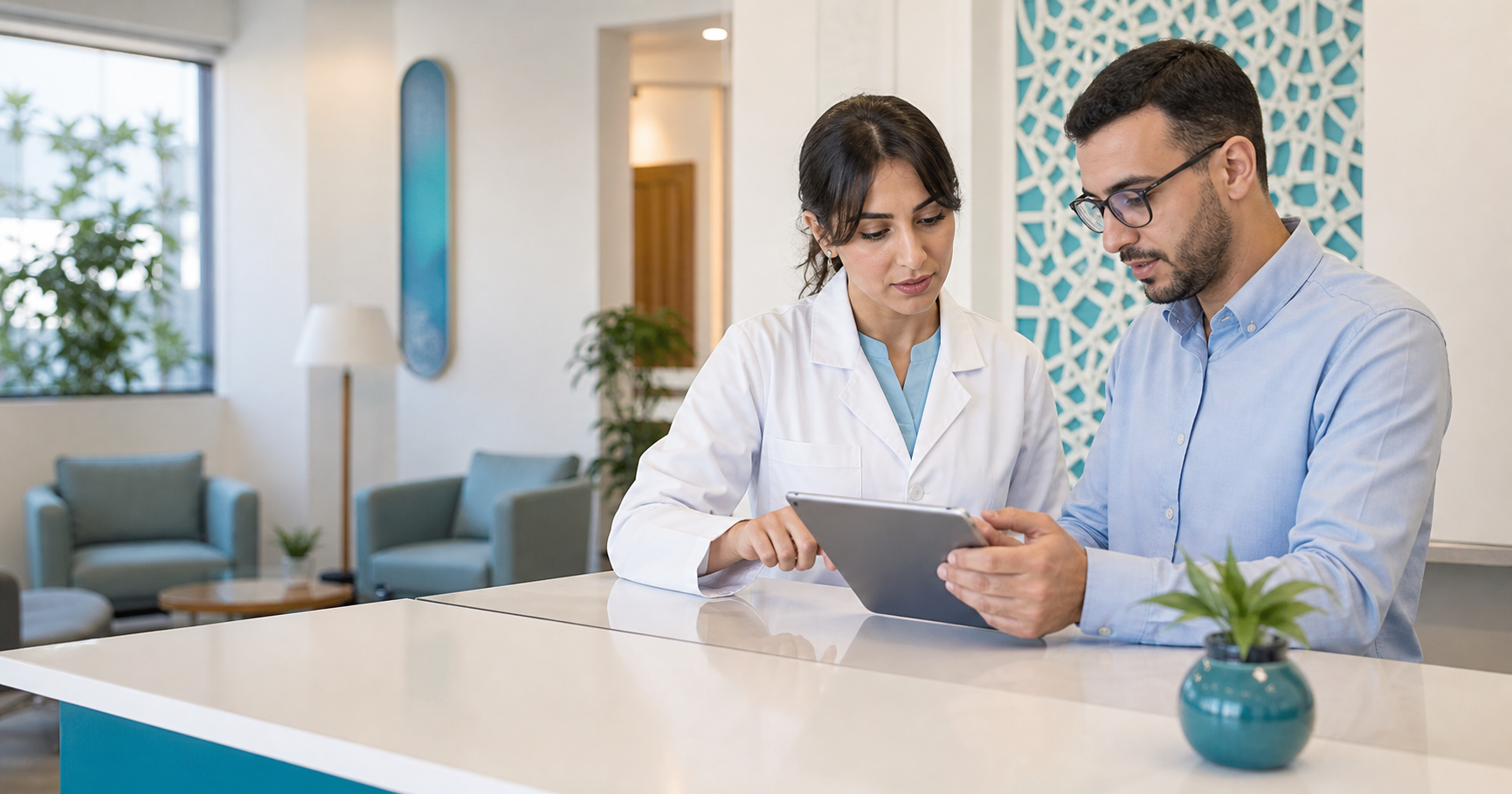Professionnels de santé marocains utilisant une tablette dans une clinique moderne